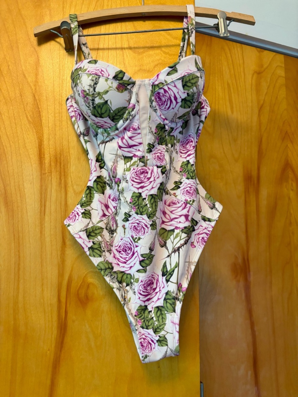 Floral Pink Rose One-Piece Swimsuit with Cutouts - Picture 1 of 12